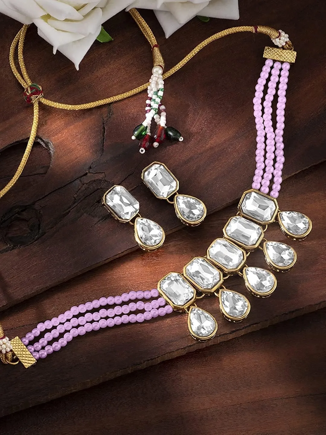 I Jewels Gold Plated Indian Wedding Handcrafted Pearl Beaded Choker with Earrings for Women