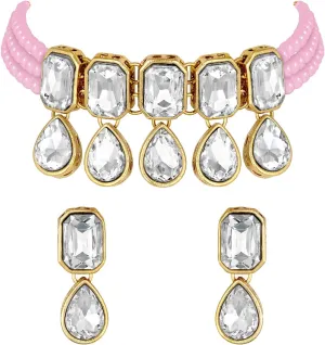 I Jewels Gold Plated Indian Wedding Handcrafted Pearl Beaded Choker with Earrings for Women