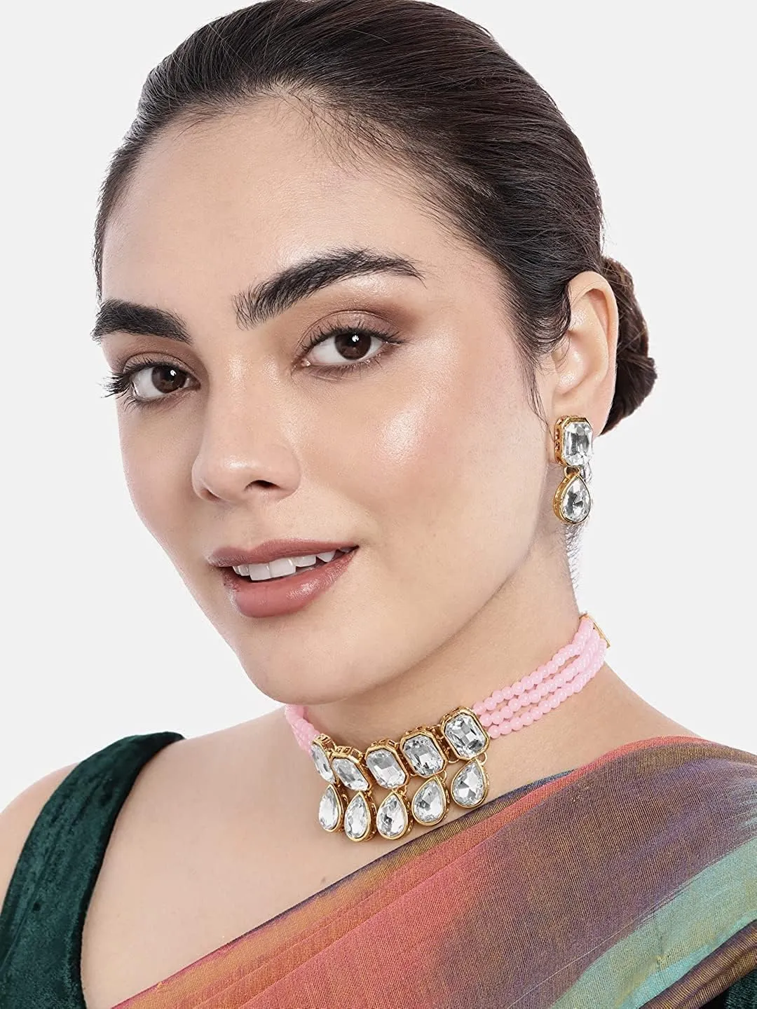 I Jewels Gold Plated Indian Wedding Handcrafted Pearl Beaded Choker with Earrings for Women
