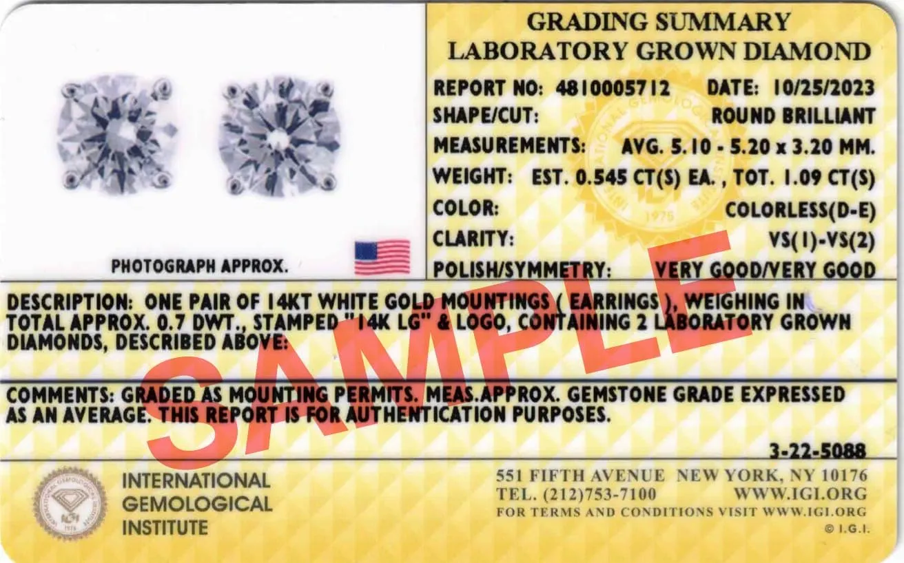 IGI Certified 1 to 10 Carat D-E Color and VS1-VS2 Clarity Lab Grown Diamond Stud Earrings for Women I 14k White Gold Earrings for Her I Secure Screw Back Made in USA by Beverly Hills Jewelers