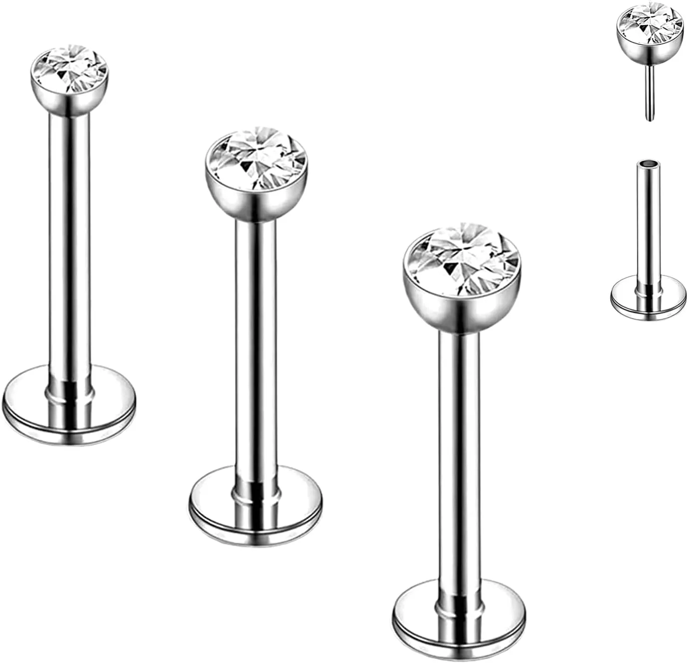 Implant Grade Titanium Lip Stud Rings 20G 18G 16G Threadless Push-in Flat Back Nose Stud Ring Earring Stud CZ 2mm 2.5mm 3mm Piercing Jewelry