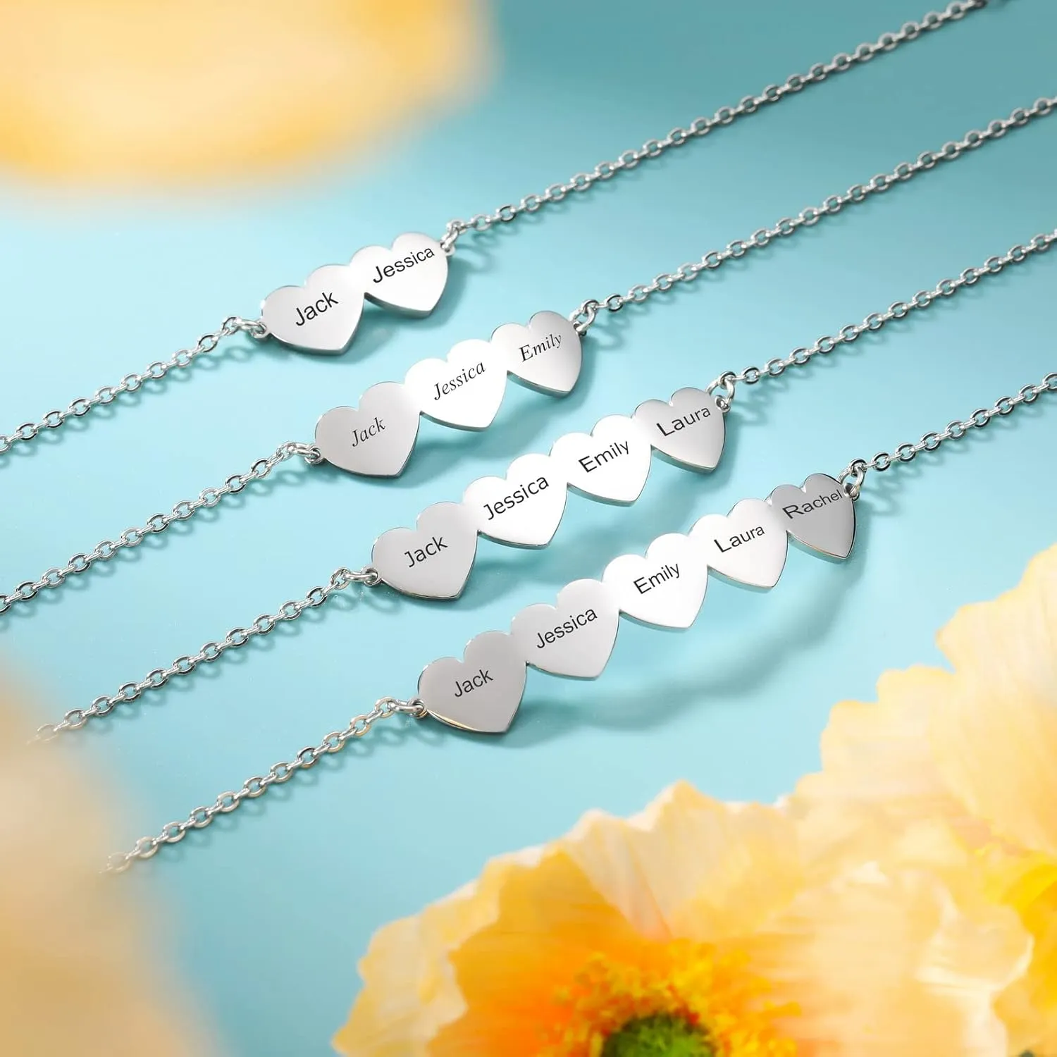INBLUE Personalized Heart-Shaped Love Bracelet with 2-5 Names for Women Mother Names Engraving Custom Adjustable BFF Bracelets for Friendship/Couples/Families Gift