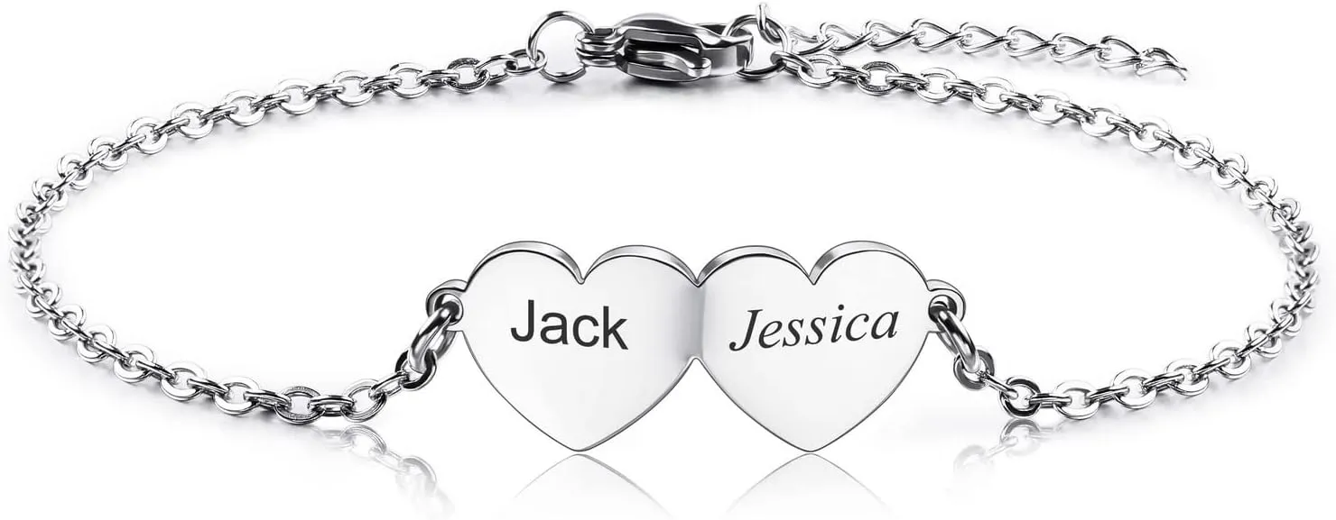 INBLUE Personalized Heart-Shaped Love Bracelet with 2-5 Names for Women Mother Names Engraving Custom Adjustable BFF Bracelets for Friendship/Couples/Families Gift