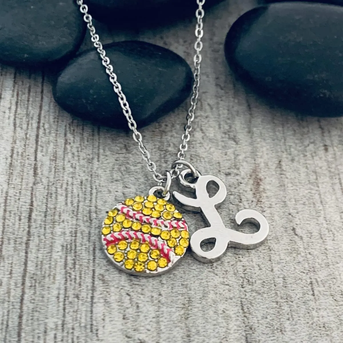 Infinity Collection - Personalized Softball Necklace with Letter Charm, Softball Gift, Girls Softball Pendent Jewelry, Softball Player, Team and Coaches Gifts