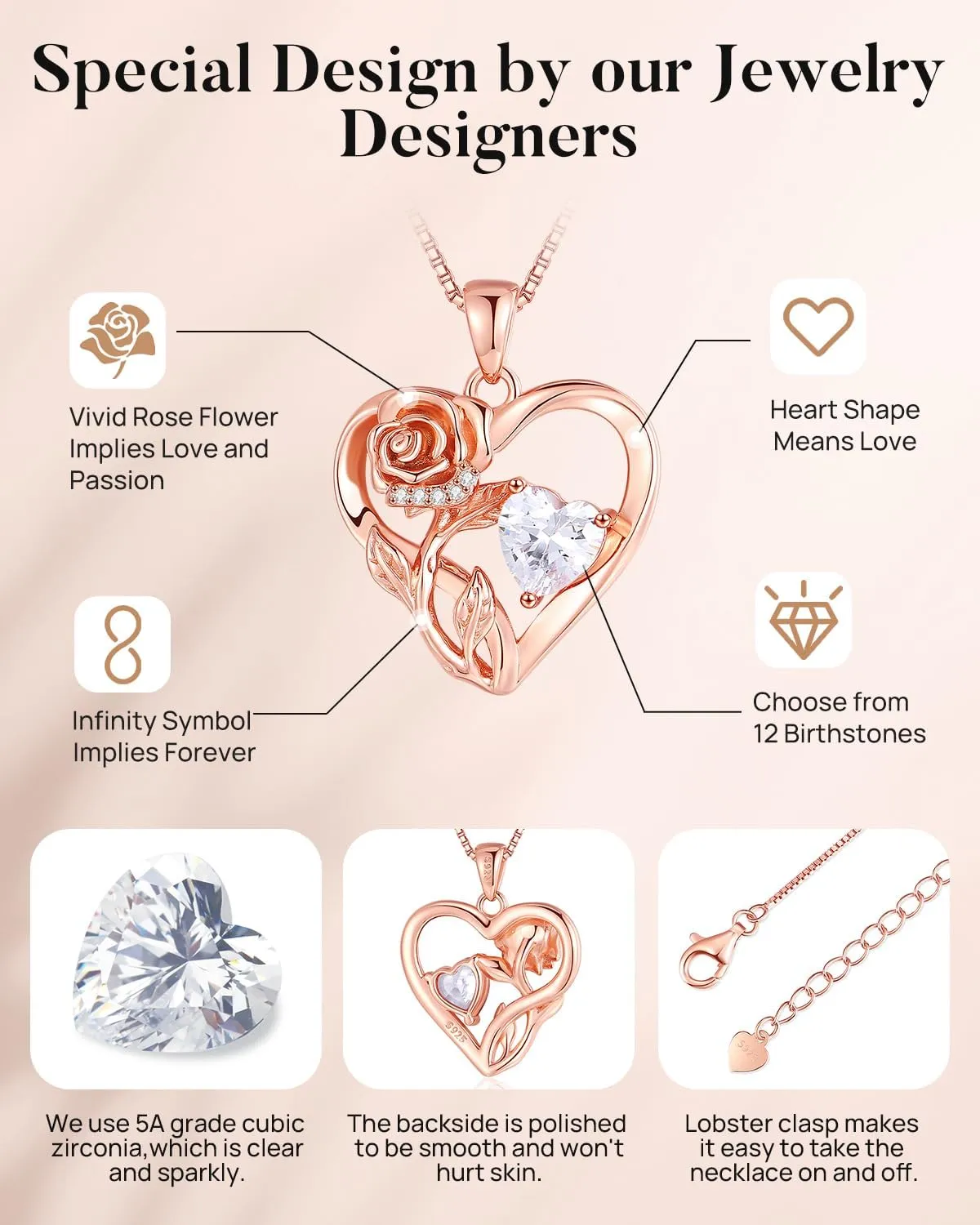 Infinity Rose Flower Heart Necklaces for Women 925 Sterling Silver Anniversary Jewelry for Her Love Gifts for Wife Sister Grandma Mom Mothers Day Valentines Birthday Christmas Rose Gold Birthstone