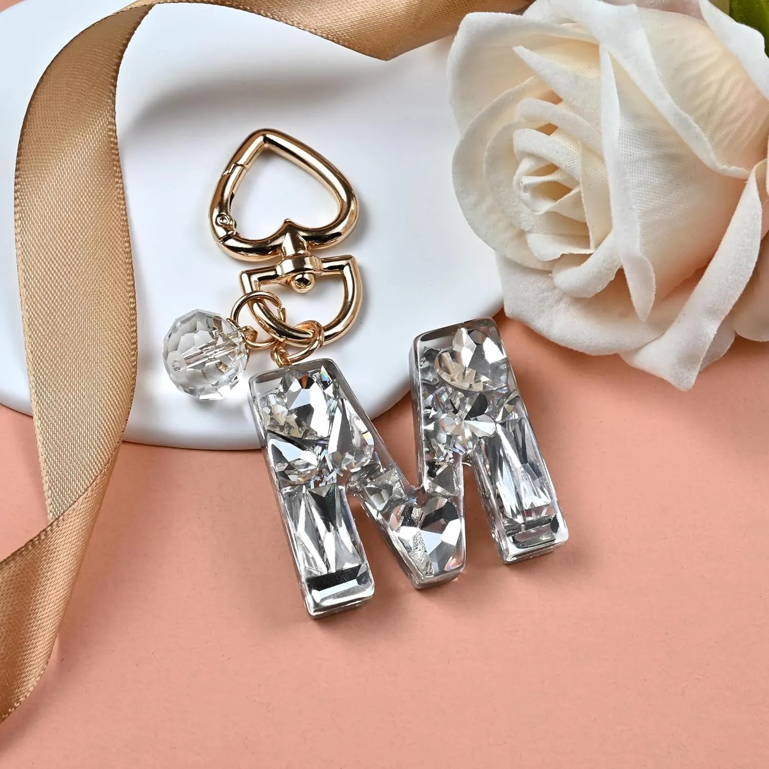 Initial Letter Keychain Bling Gifts for Women Girls Backpack Bag Charm Accessories Cute Heart Crystal wallet Car keyring
