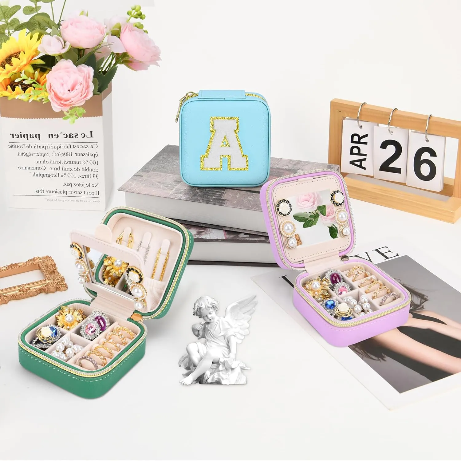 Initial Travel Jewelry Box Case Organizer, Teen Girls Gifts, Small Personalized Preppy Birthday Christmas Gifts for Girls Women Wife, Ring Necklace Earring Organizer Box, Blue S