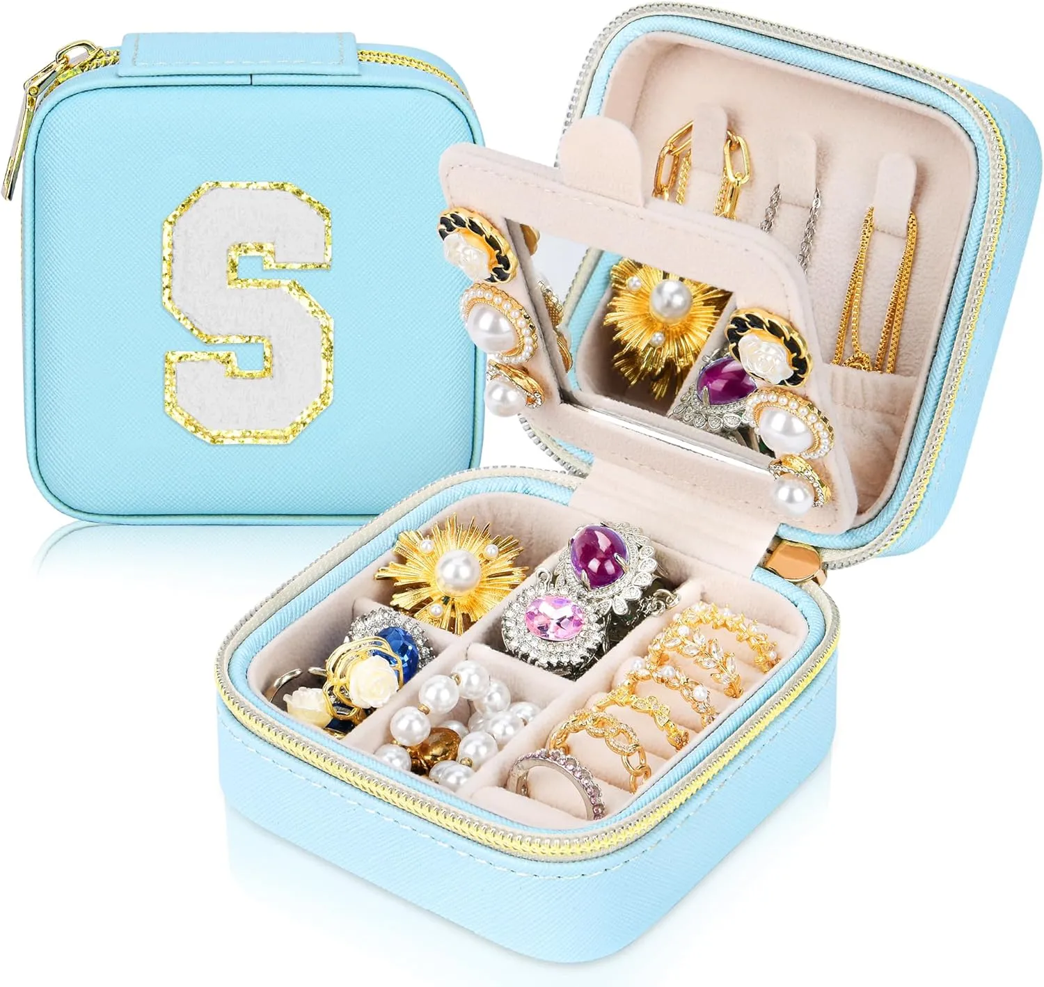 Initial Travel Jewelry Box Case Organizer, Teen Girls Gifts, Small Personalized Preppy Birthday Christmas Gifts for Girls Women Wife, Ring Necklace Earring Organizer Box, Blue S