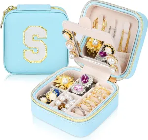 Initial Travel Jewelry Box Case Organizer, Teen Girls Gifts, Small Personalized Preppy Birthday Christmas Gifts for Girls Women Wife, Ring Necklace Earring Organizer Box, Blue S
