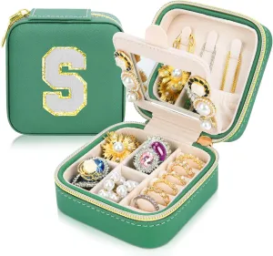 Initial Travel Jewelry Box Case Organizer, Teen Girls Gifts, Small Personalized Preppy Birthday Christmas Gifts for Girls Women Wife, Ring Necklace Earring Organizer Box, Green S