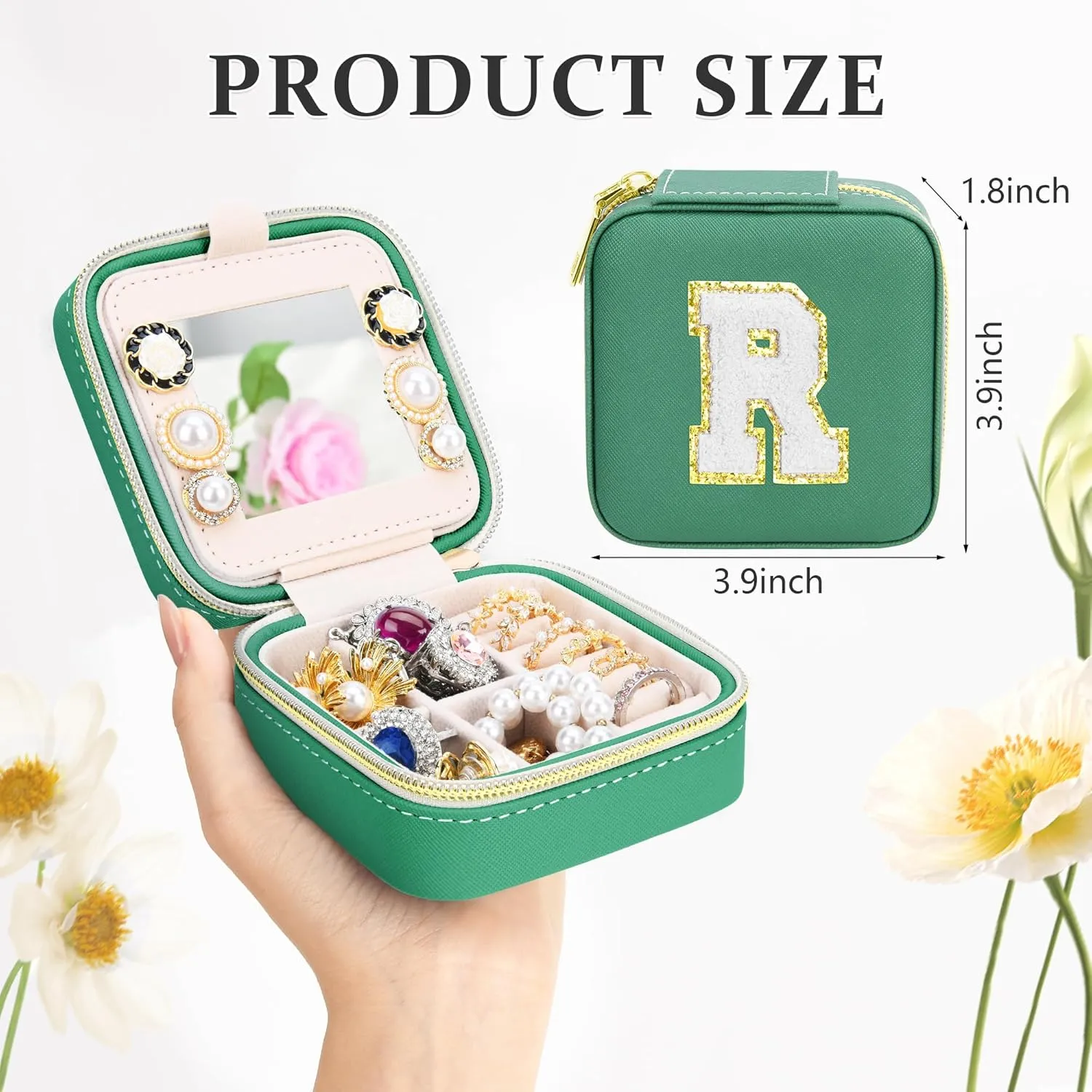Initial Travel Jewelry Box Case Organizer, Teen Girls Gifts, Small Personalized Preppy Birthday Christmas Gifts for Girls Women Wife, Ring Necklace Earring Organizer Box, Green S