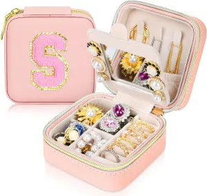 Initial Travel Jewelry Box Case Organizer, Teen Girls Gifts, Small Personalized Preppy Birthday Christmas Gifts for Girls Women Wife, Ring Necklace Earring Organizer Box, Pink S