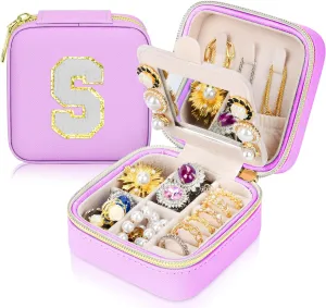 Initial Travel Jewelry Box Case Organizer, Teen Girls Gifts, Small Personalized Preppy Birthday Christmas Gifts for Girls Women Wife, Ring Necklace Earring Organizer Box, Purple S