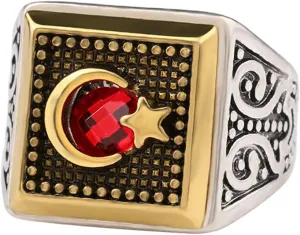 Islamic Ring for Men,Crescent Moon & Star,Antique Silver Gold Color Matching,Arabic Muslim Muhammed Rings