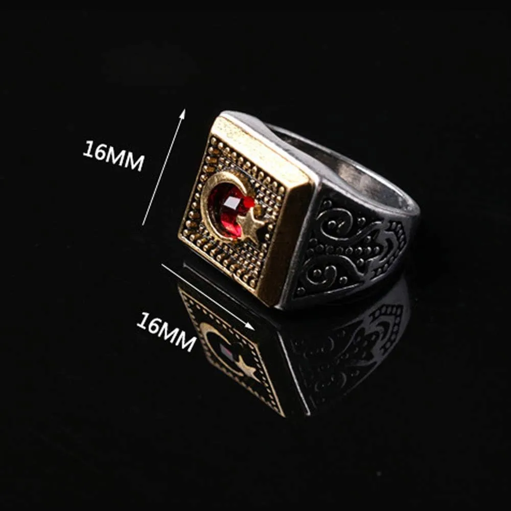 Islamic Ring for Men,Crescent Moon & Star,Antique Silver Gold Color Matching,Arabic Muslim Muhammed Rings