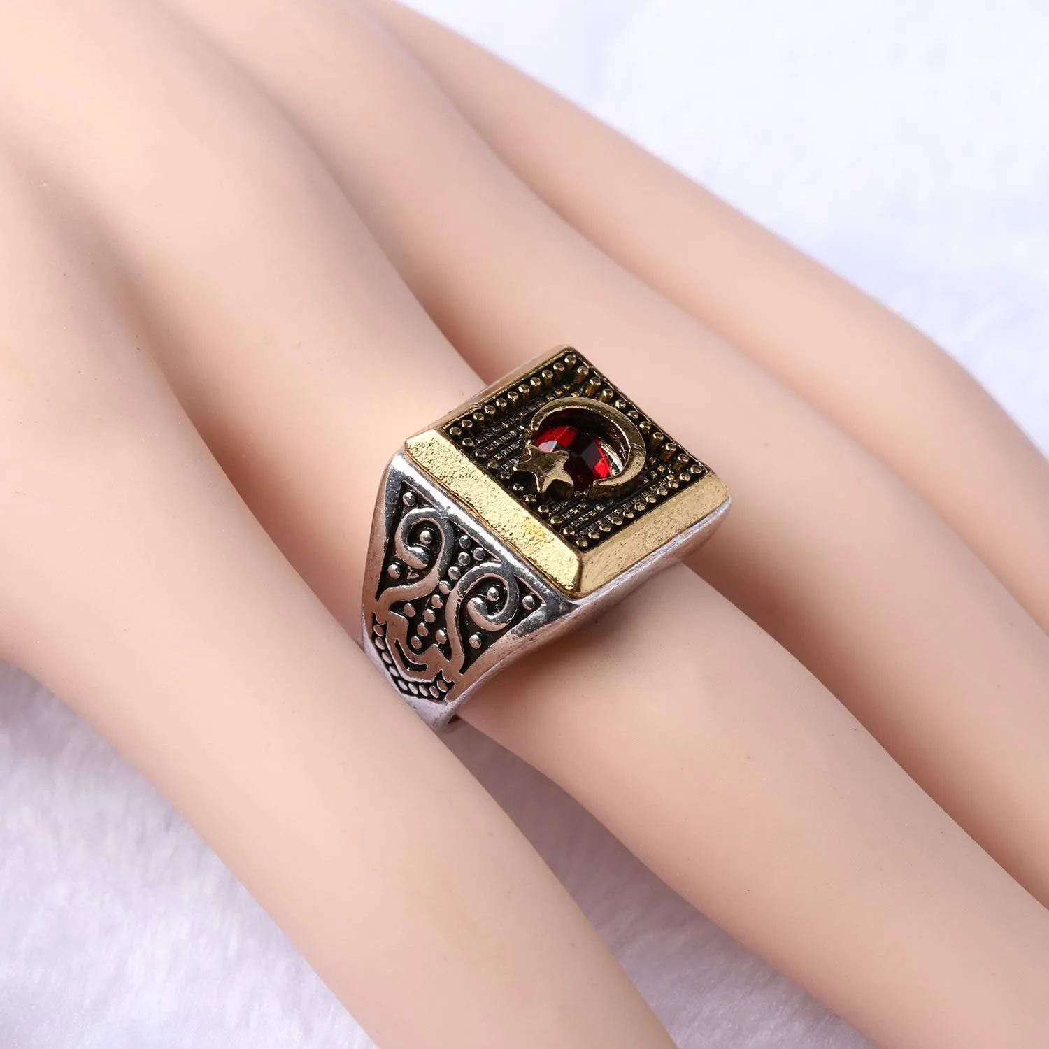 Islamic Ring for Men,Crescent Moon & Star,Antique Silver Gold Color Matching,Arabic Muslim Muhammed Rings