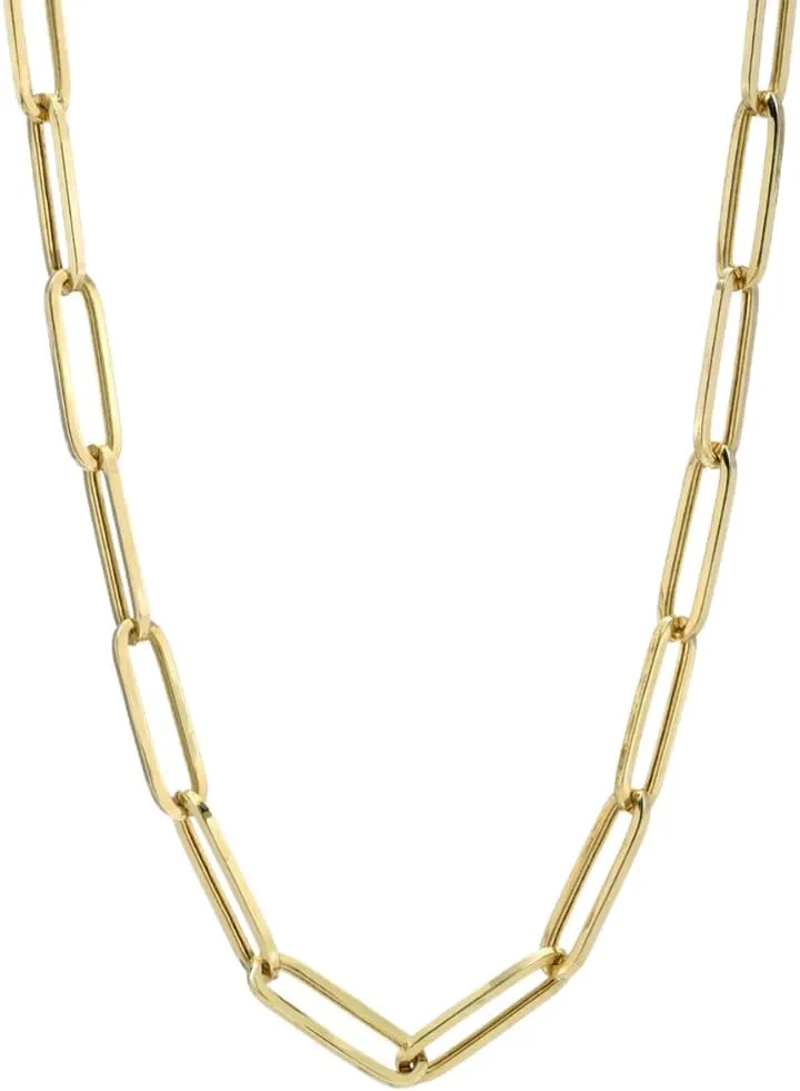 Italian 14K Solid Yellow Gold Paperclip Chain Necklace for Men & Women with Lobster Claw Clasp Italian 14K Real Gold Jewelry (3MM & 4MM)