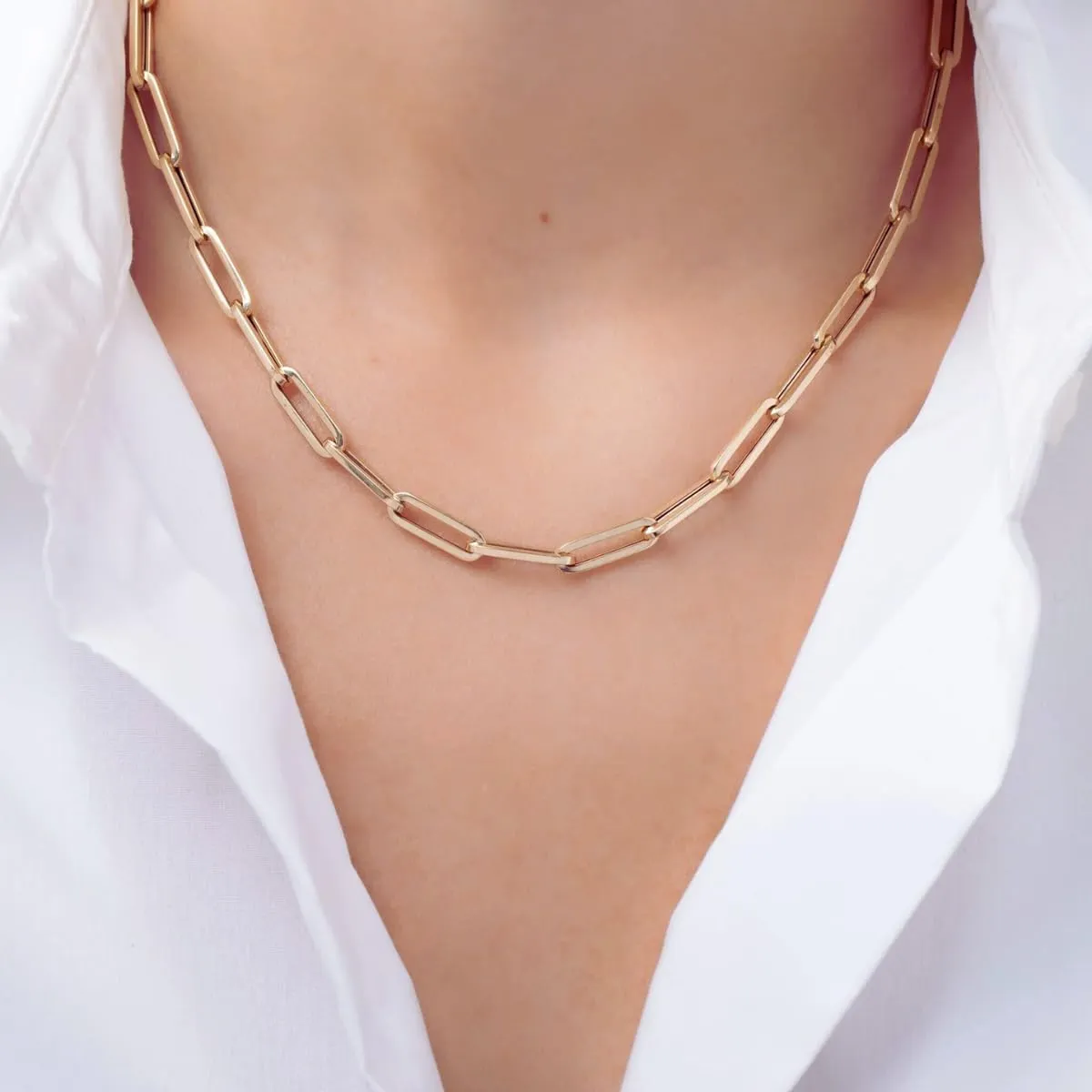 Italian 14K Solid Yellow Gold Paperclip Chain Necklace for Men & Women with Lobster Claw Clasp Italian 14K Real Gold Jewelry (3MM & 4MM)