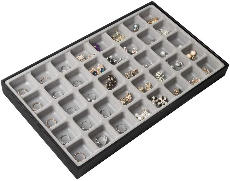 JackCubeDesign 40 Compartments Stackable Synthetic Leather Jewelry Tray Earring Necklace Bracelet Ring Organizer Display Storage Box(Set of 1, Black, 16 x 9.6 x 1.6 inches)- MK212-1A