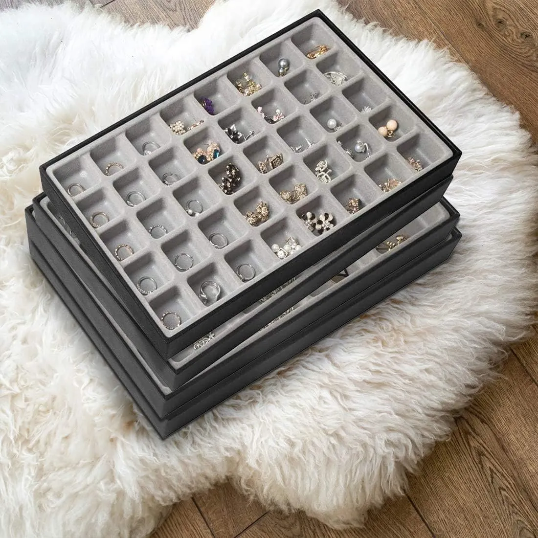 JackCubeDesign 40 Compartments Stackable Synthetic Leather Jewelry Tray Earring Necklace Bracelet Ring Organizer Display Storage Box(Set of 1, Black, 16 x 9.6 x 1.6 inches)- MK212-1A