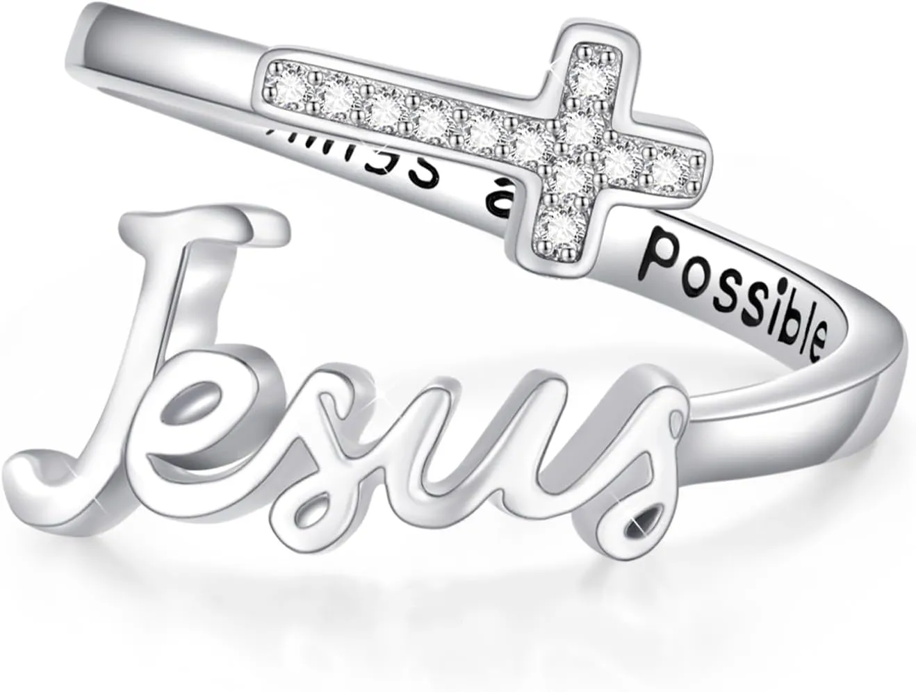 Jesus Cross Ring,Sterling Silver Adjustable Open Faith Cross Religious Ring Christian Inspiring Incentive Jewerly Gifts for Women
