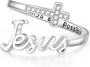 Jesus Cross Ring,Sterling Silver Adjustable Open Faith Cross Religious Ring Christian Inspiring Incentive Jewerly Gifts for Women