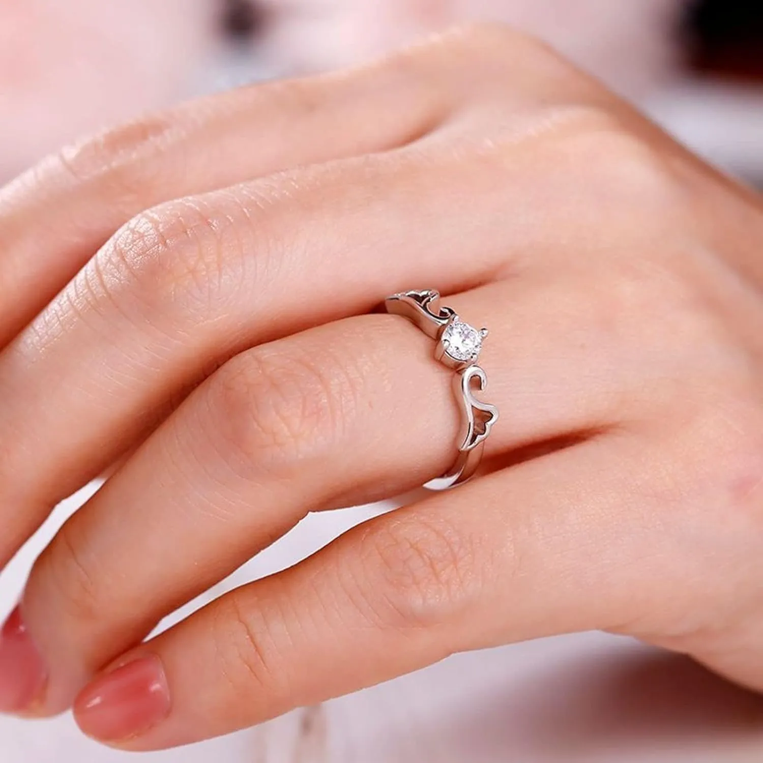 Jeulia Angel Wings Round Cut Engraved Sterling Silver Ring Engagement Cubic Zirconia Couple ring Diamond Wedding Bands for Women Men Anniversary Bridal Promise Rings