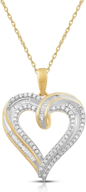 Jewelili 10K Rose or Yellow or White Gold 1/4 Cttw Natural White Round and Baguette Diamond Heart Shape Pendant Necklace 18" Rope Chain