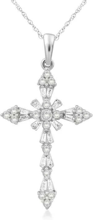 Jewelili Cross Pendant Necklace in 10K White and Yellow Gold with 1/2 Cttw Natural White round and baguette Diamonds 18" Rope Chain