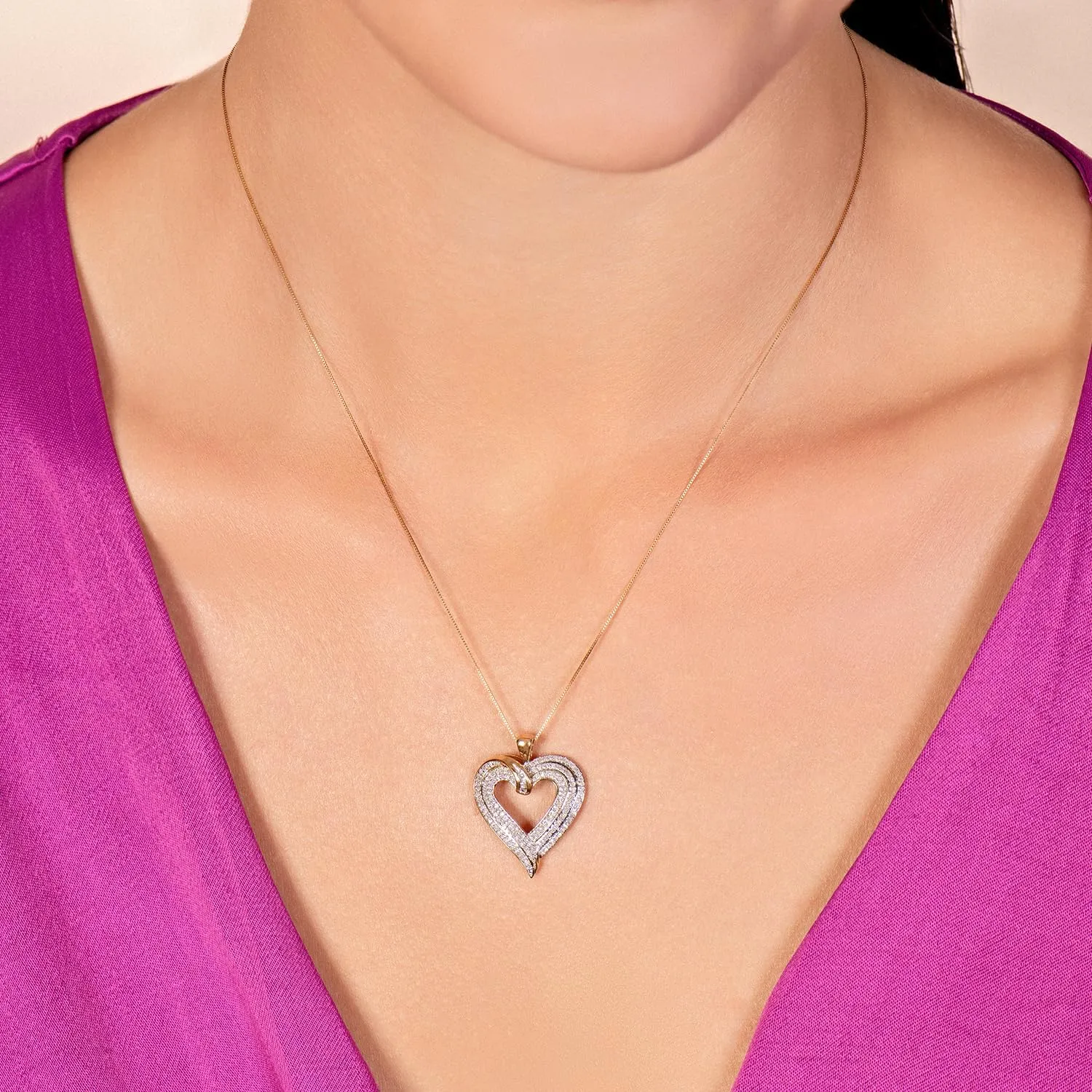 Jewelili Heart Necklace Pendant with Natural White Round and Baguette Diamonds 1/2 Cttw in 10K White or Yellow Gold 18" Box Chain