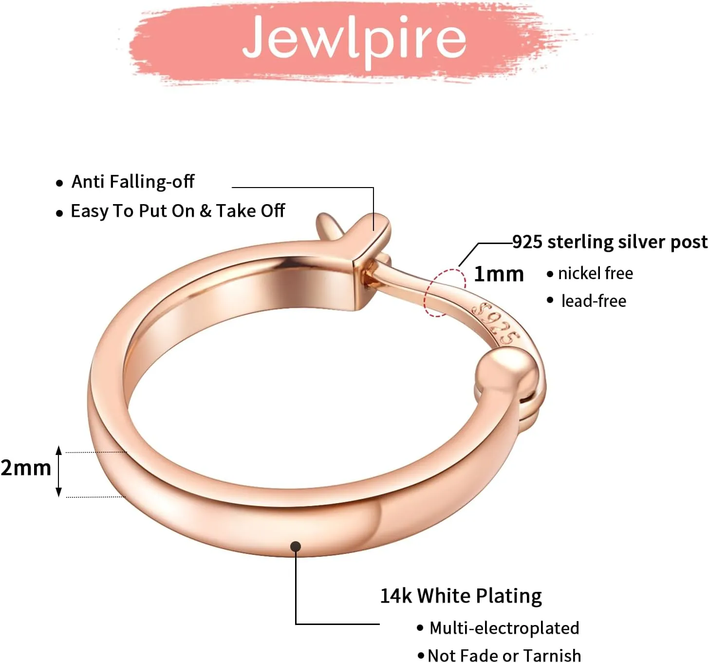 Jewlpire 14K Gold Hoop Earrings with 925 Sterling Silver Post Hypoallergenic Lightweight Small Hoop Earrings for Women 15mm 20mm Huggie Earrings
