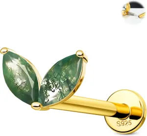 Jewseen 925 Sterling Silver Cartilage Earring Water Grass Agate Tragus Helix Conch Piercing Jewelry Moss Agate Lip Labret Ring Internally Threaded Stud Earring for Women Men
