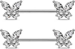 Jewseen Butterfly Nipple Rings for Women 14G Nipple Piercing Jewelry Gold Nipple Ring Surgical Steel Nipple Shield CZ Nipple Barbell Body Piercing Jewelry for Women