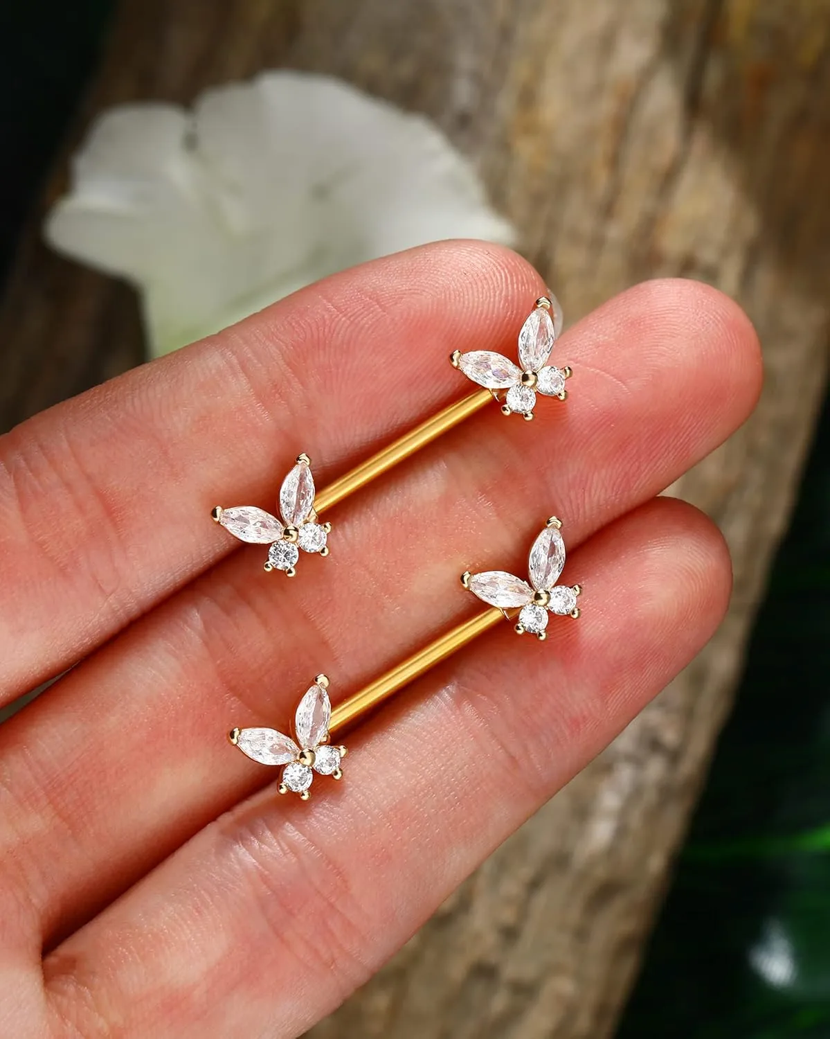 Jewseen Butterfly Nipple Rings for Women 14G Nipple Piercing Jewelry Gold Nipple Ring Surgical Steel Nipple Shield CZ Nipple Barbell Body Piercing Jewelry for Women