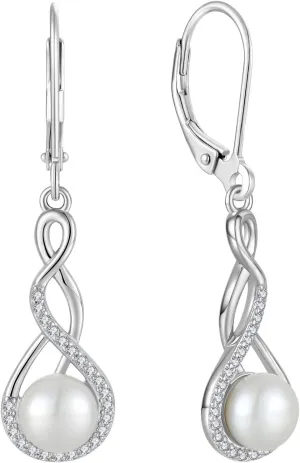 JO WISDOM Women Pearl Earrings 925 Sterling Silver Celtic Infinity Dangle & Drop Earrings with 8mm Freshwater Pearl Jewelry