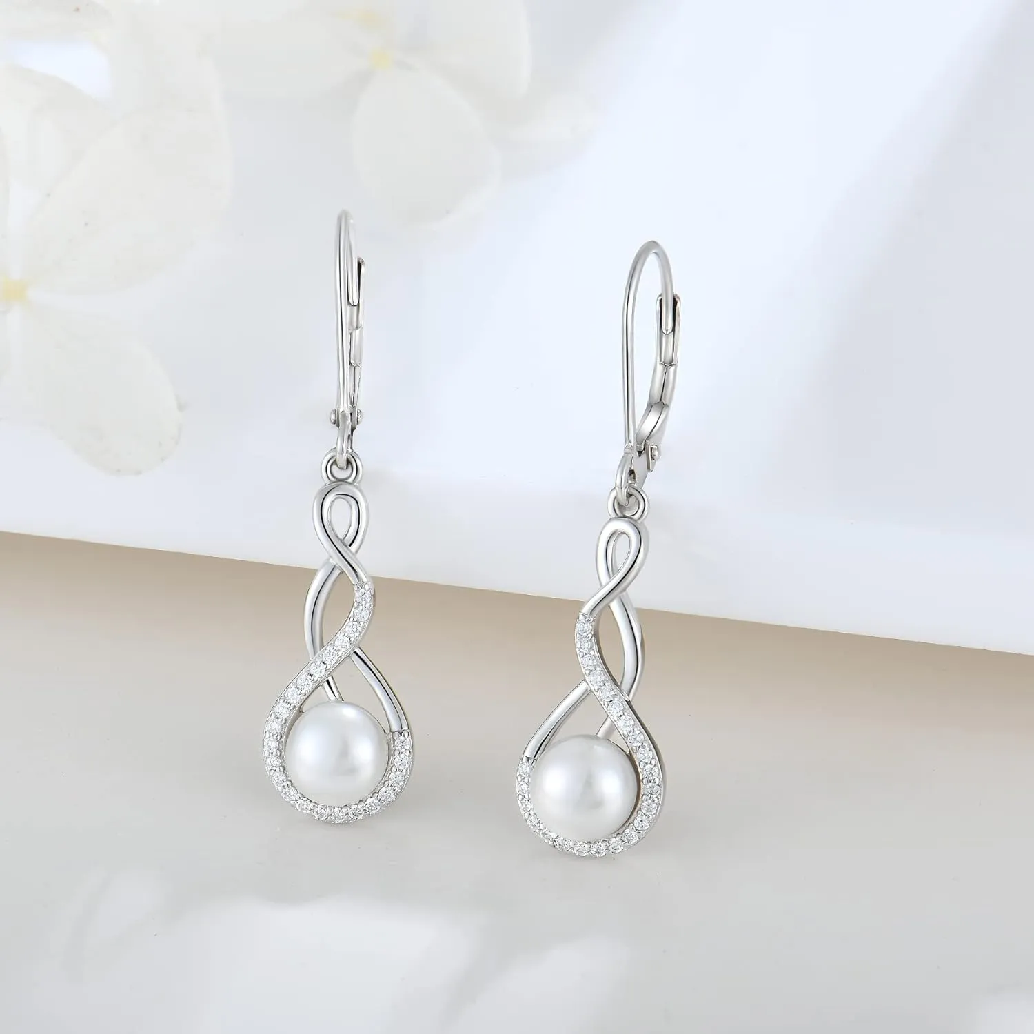 JO WISDOM Women Pearl Earrings 925 Sterling Silver Celtic Infinity Dangle & Drop Earrings with 8mm Freshwater Pearl Jewelry