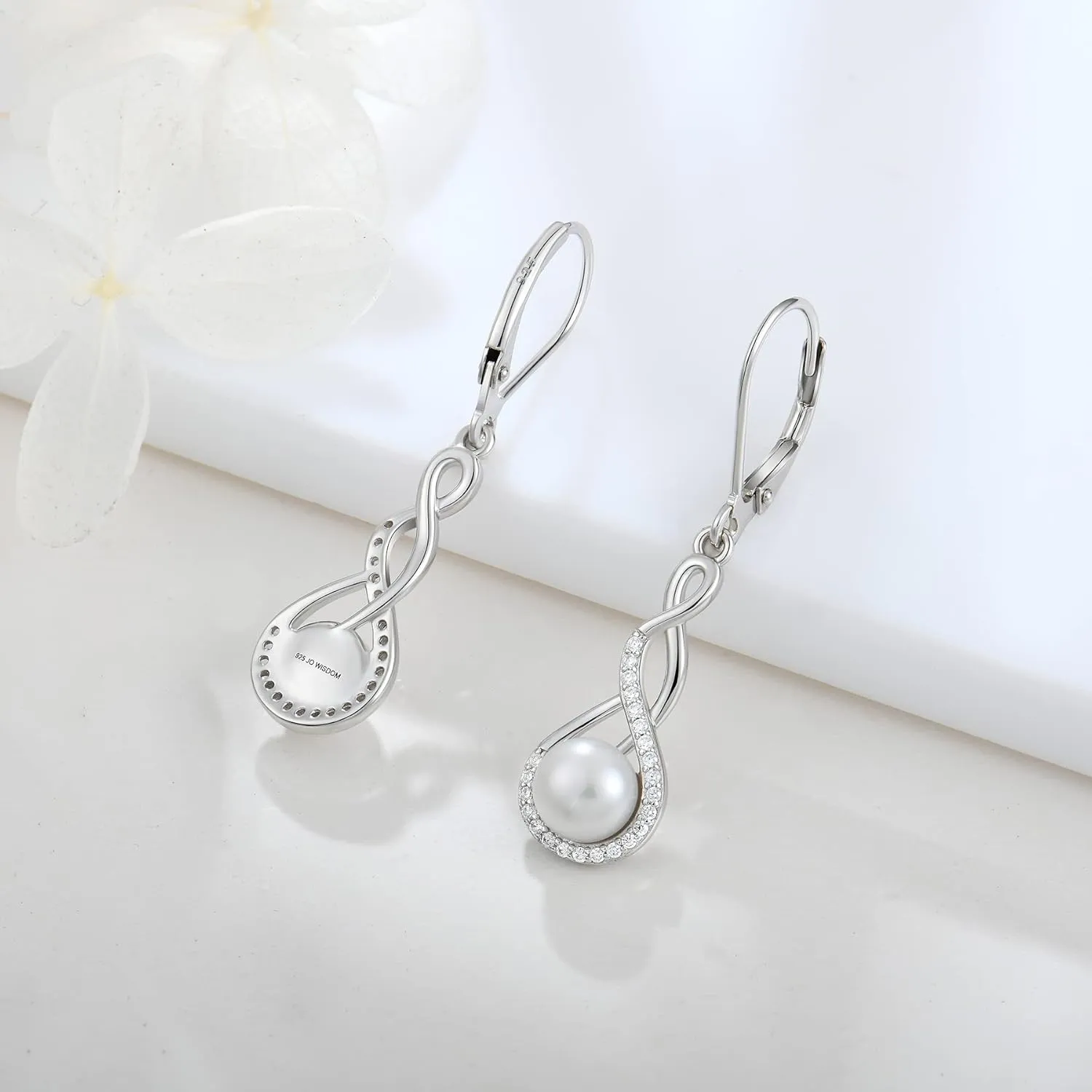JO WISDOM Women Pearl Earrings 925 Sterling Silver Celtic Infinity Dangle & Drop Earrings with 8mm Freshwater Pearl Jewelry