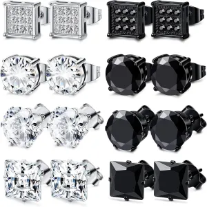 JOERICA 8 Pairs Stainless Steel CZ Stud Earrings Set Men Women Unisex Ear Piercing Jewelry