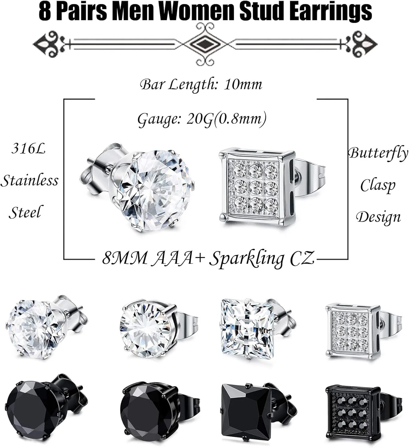 JOERICA 8 Pairs Stainless Steel CZ Stud Earrings Set Men Women Unisex Ear Piercing Jewelry