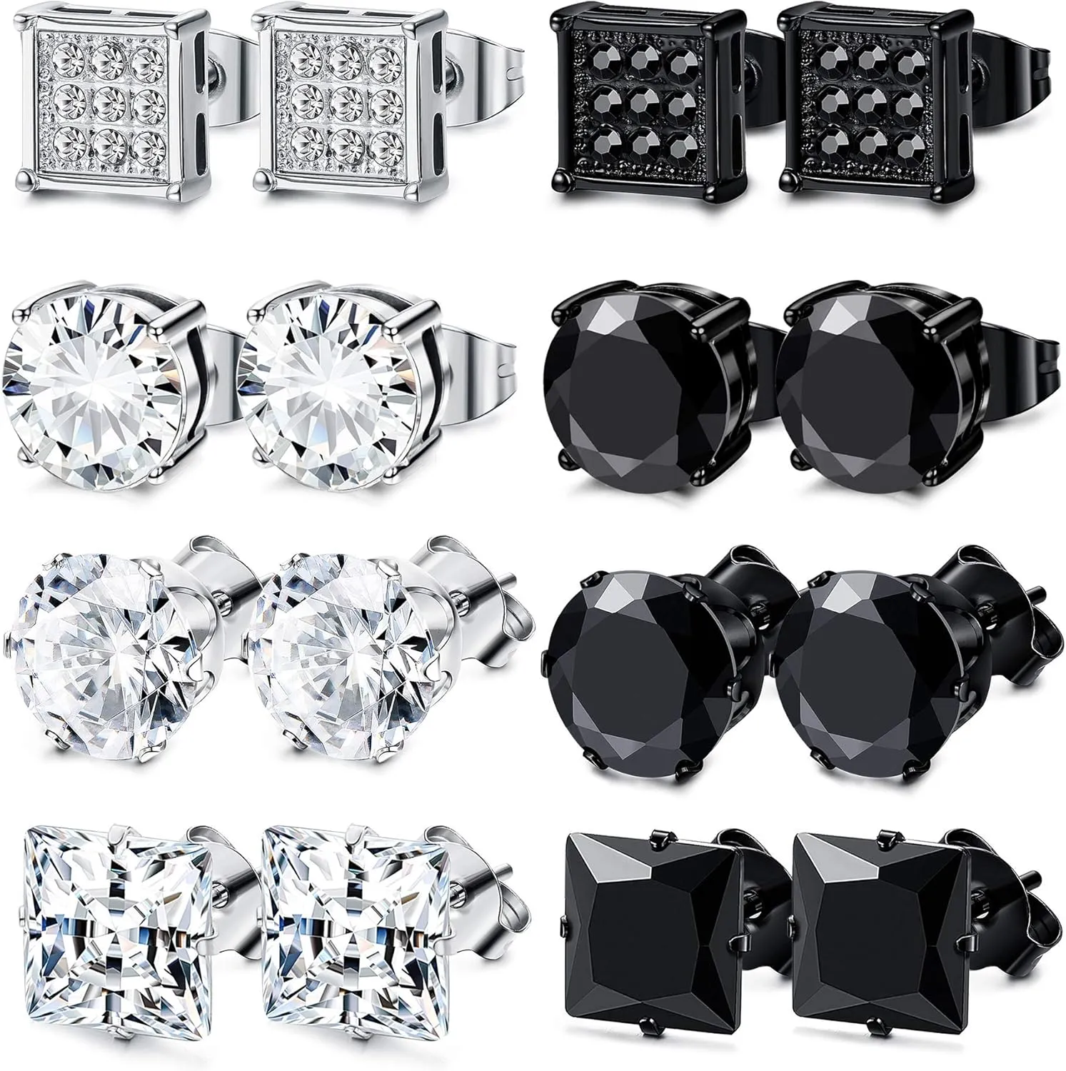 JOERICA 8 Pairs Stainless Steel CZ Stud Earrings Set Men Women Unisex Ear Piercing Jewelry
