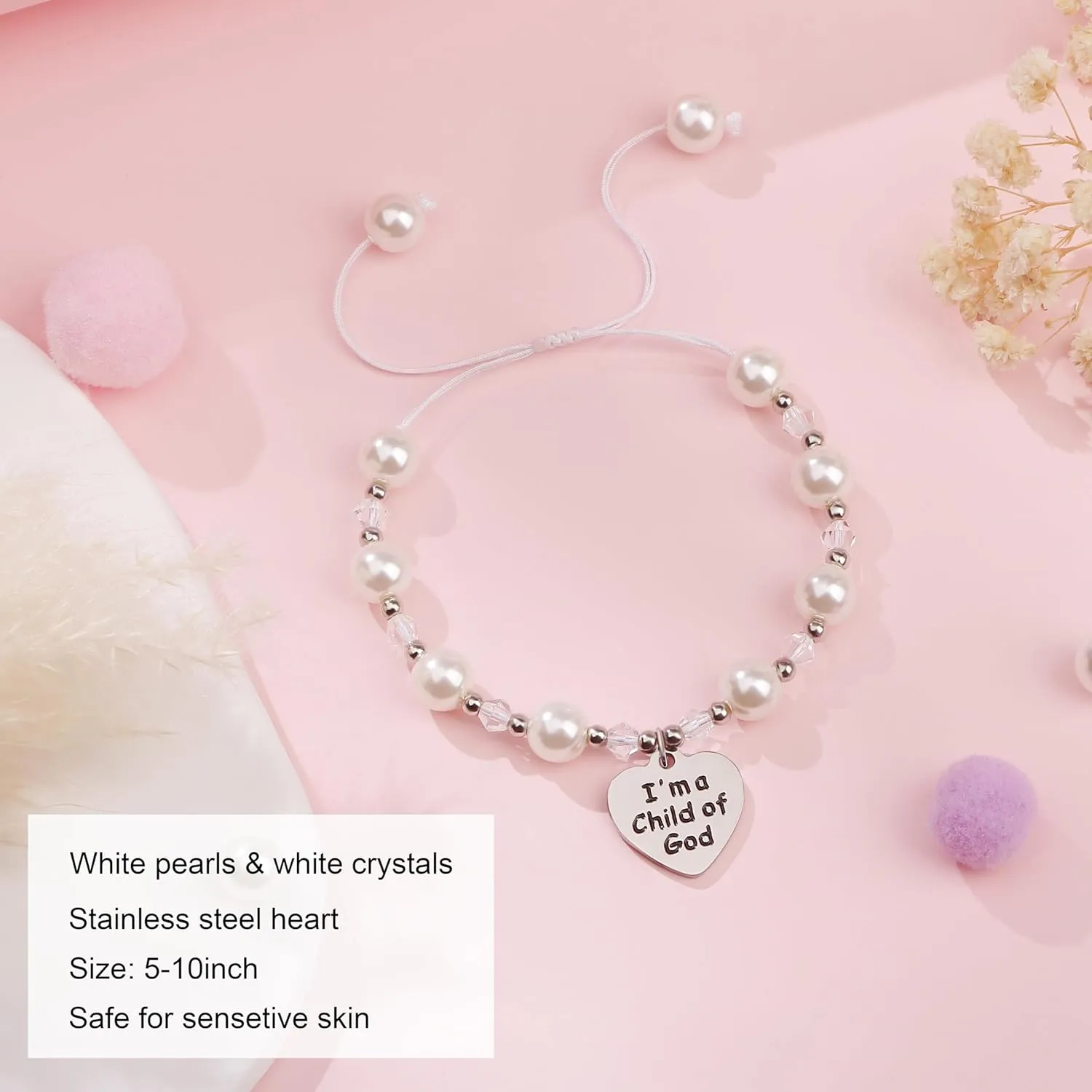 JoycuFF   Daughter Granddaughter Niece Pink Pearls Charm Bracelets  Valentine's Day Birthday Back to School Christmas Gift