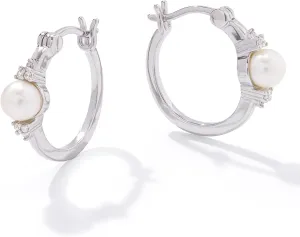 JTV White Cultured Freshwater Pearl Plated Sterling Silver Hoop Earrings - Silver Pearl Earrings - Small Pearl Hoop Earrings - Trendy Hoop Earrings for Women - Freshwater Pearl Jewelry - Real Pearls