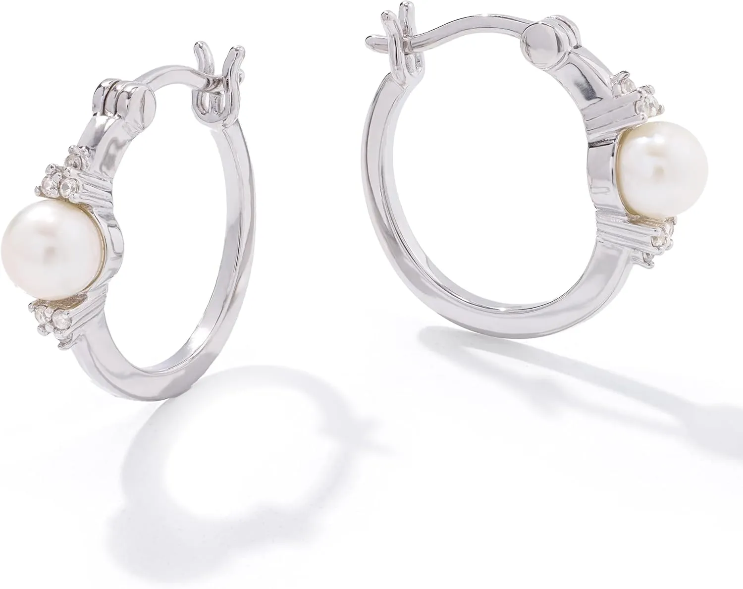 JTV White Cultured Freshwater Pearl Plated Sterling Silver Hoop Earrings - Silver Pearl Earrings - Small Pearl Hoop Earrings - Trendy Hoop Earrings for Women - Freshwater Pearl Jewelry - Real Pearls