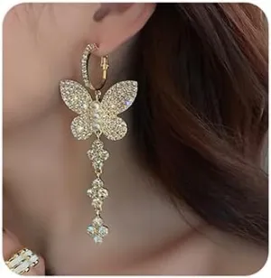 Jumwrit Boho Pearl Butterfly Earrings Charm Huggie Hoop Earrings Rhinestone Long Dangle Drop Earrings for Women(Gold)