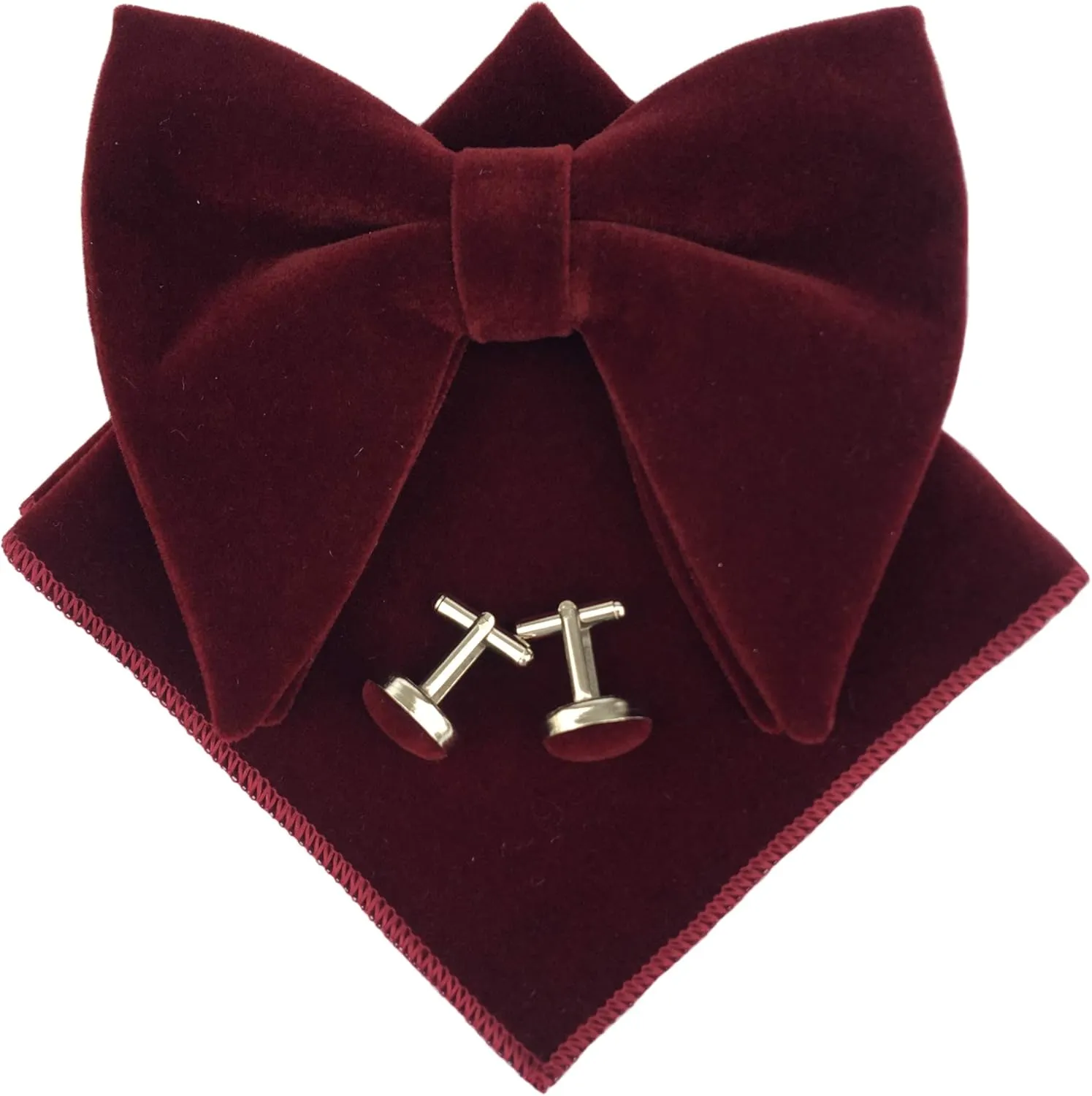 Justar Mens Pre-Tied Bow Tie Tuxedo Oversized Velvet Bowtie Cufflinks Hankie Combo Sets