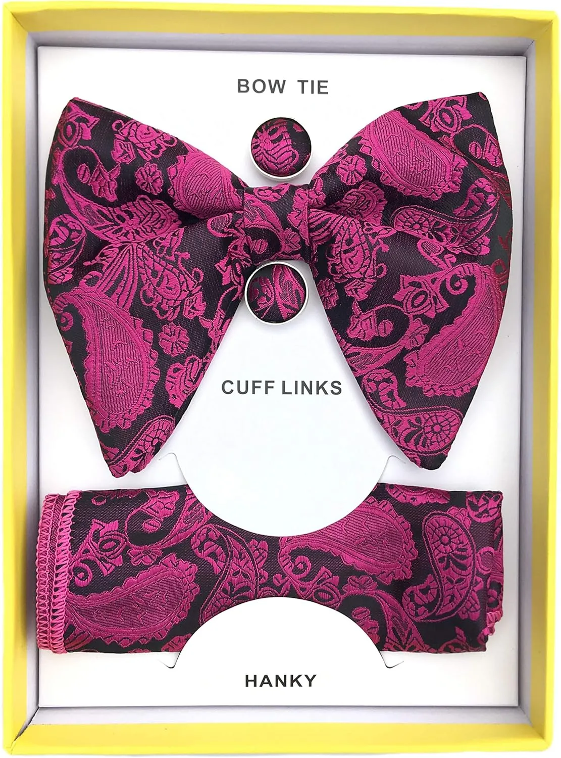 Justar Mens Pre-Tied Paisley Bowtie Oversized Tuxedo Bow Tie Hankie Cufflinks Set