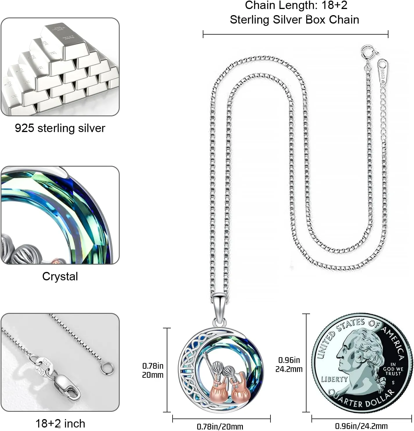 JUSTKIDSTOY Sisters Birthday Gifts from Sister Sterling Silver Sisters Crystal Pendant Jewelry for Women Friends