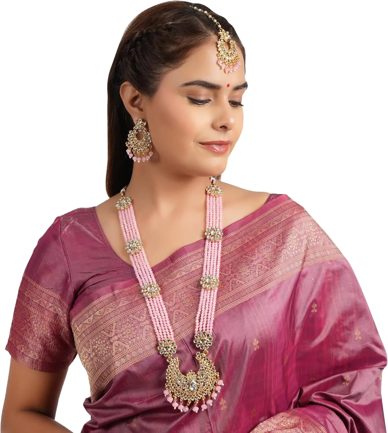 Jwellmart Indian Ethnic Traditional Gold Plated Faux Pearl CZ Stone Rani Haar Necklace Earrings Jewelry Set for Women