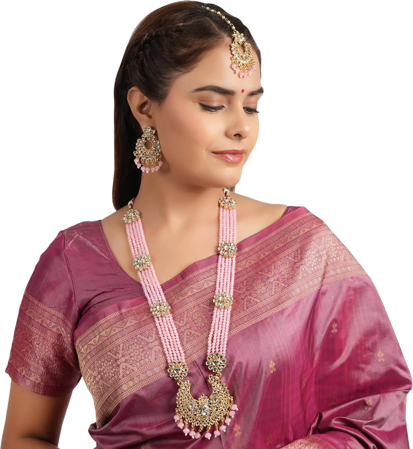 Jwellmart Indian Ethnic Traditional Gold Plated Faux Pearl CZ Stone Rani Haar Necklace Earrings Jewelry Set for Women