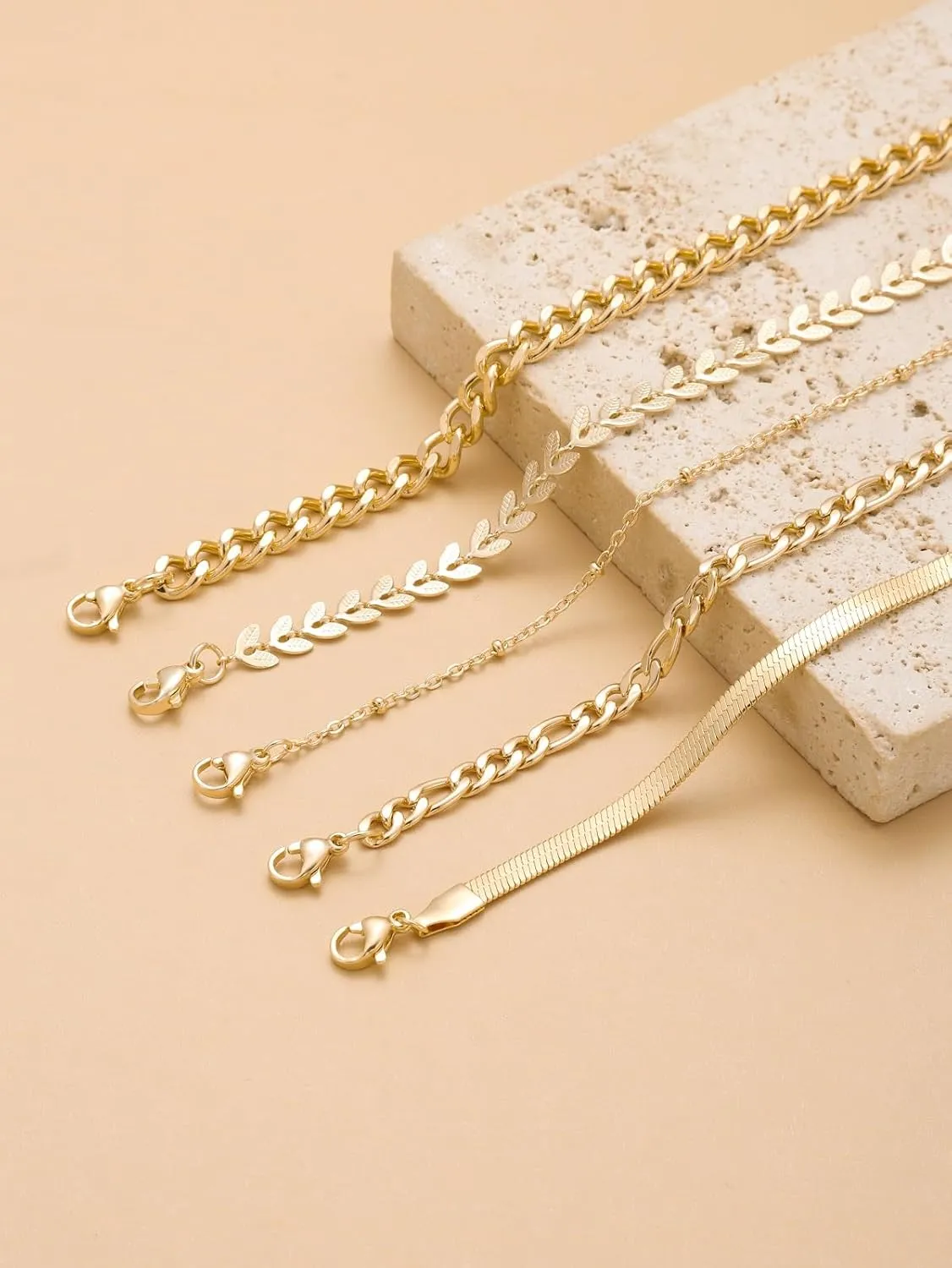 Jwicklirrng-Waterproof Gold Bracelets Set for Women Trendy, Dainty 14K Real Gold Plated Jewelry Fashion Stackable Tennis Beaded Figaro Herringbone Paperclip Link Bracelet Pack Stack Gifts for Women
